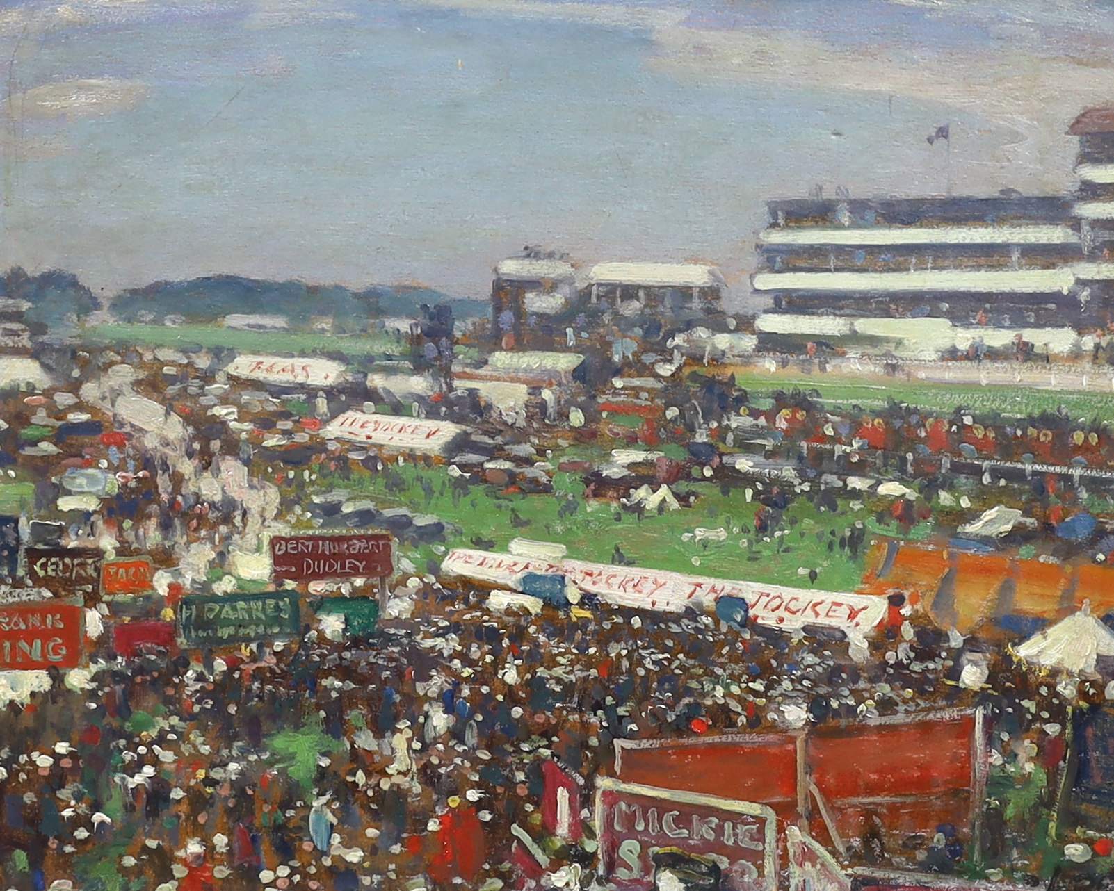 Alfred Egerton Cooper RBA (British, 1883-1974), Epsom Derby Day, oil on board, 40 x 50cm